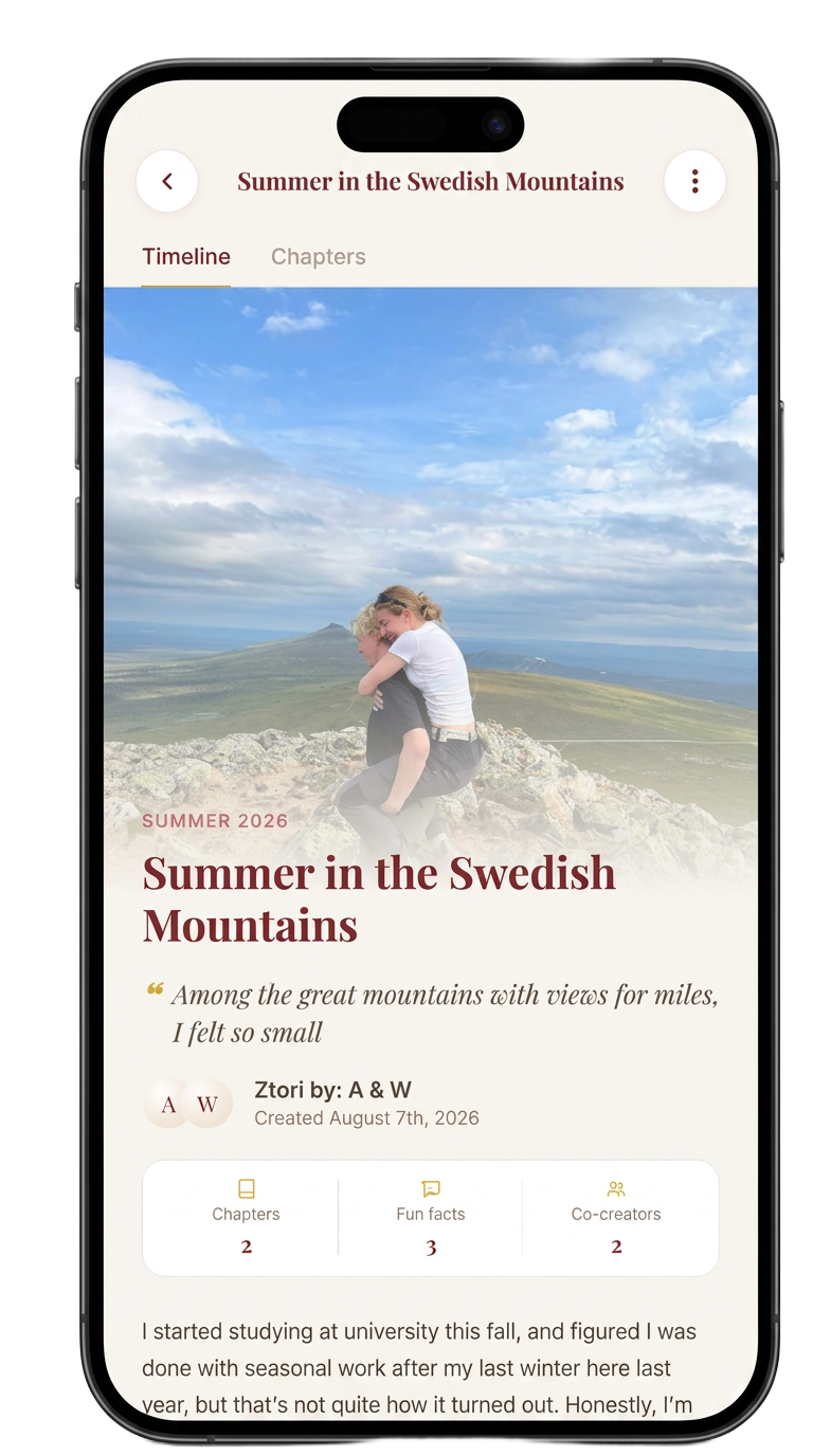 The Ztori app showing a shared story called Summer in the Swedish Mountains