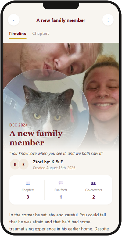 Ztori story called A new family member, showing a couple with their new cat